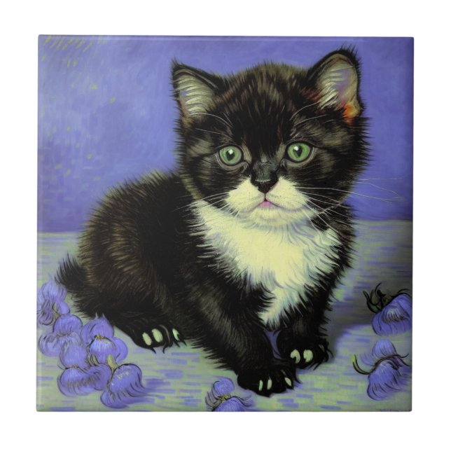 Van Gogh Tuxedo Kitten Ceramic Tile (Front)