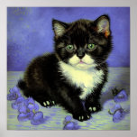 Van Gogh Tuxedo Kitten Poster<br><div class="desc">Poster featuring a tuxedo kitten in the style of Vincent van Gogh! This pretty kitty poses with purple flowers. A superb gift for cat lovers and Dutch art collectors!</div>