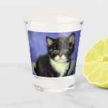 Van Gogh Tuxedo Kitten Shot Glass<br><div class="desc">Shot Glass featuring a tuxedo kitten in the style of Vincent van Gogh! This pretty kitty poses with purple flowers. A superb gift for cat lovers and Dutch art collectors!</div>