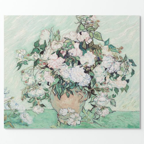 VAN GOGH VASE OF WHITE AND PINK ROSES DECOUPAGE WRAPPING PAPER