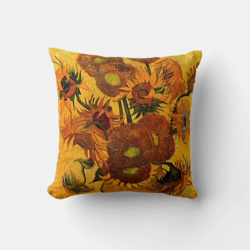 Van Gogh _ Vase with 15 Sunflowers Throw Pillow