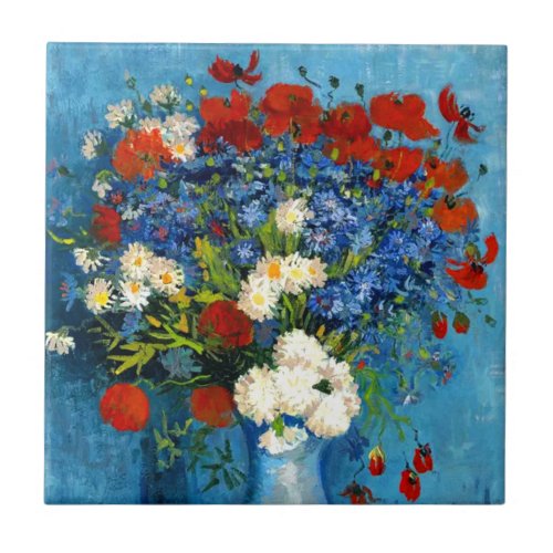 Van Gogh Vase with Cornflowers and Poppies Ceramic Tile