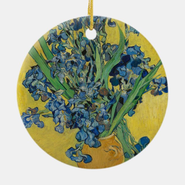 Van Gogh Vase with Irises Classic Impressionism Ceramic Ornament (Back)