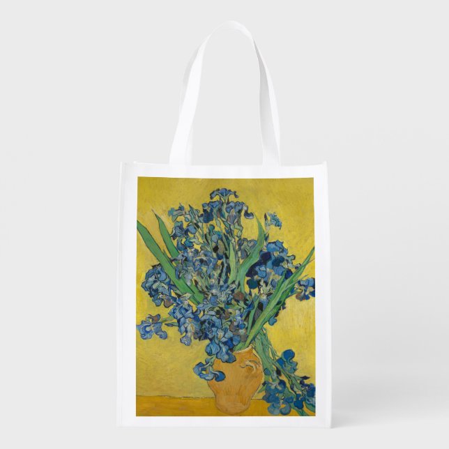 Van Gogh Vase with Irises Classic Impressionism Grocery Bag (Back)