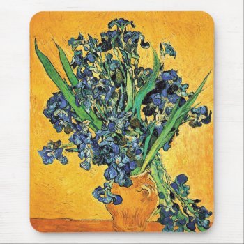 Van Gogh - Vase With Irises Yellow Background Mouse Pad by ArtLoversCafe at Zazzle