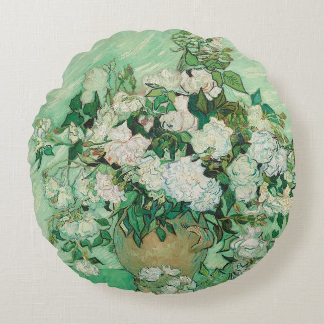 Van Gogh Vase with Pink Roses Fine Art Round Pillow (Front)