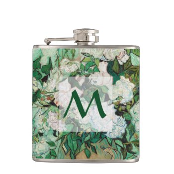 Van Gogh Vase With Pink Roses Floral Art Monogram Hip Flask by Then_Is_Now at Zazzle