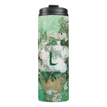 Van Gogh Vase With Pink Roses Floral Art Monogram Thermal Tumbler by Then_Is_Now at Zazzle