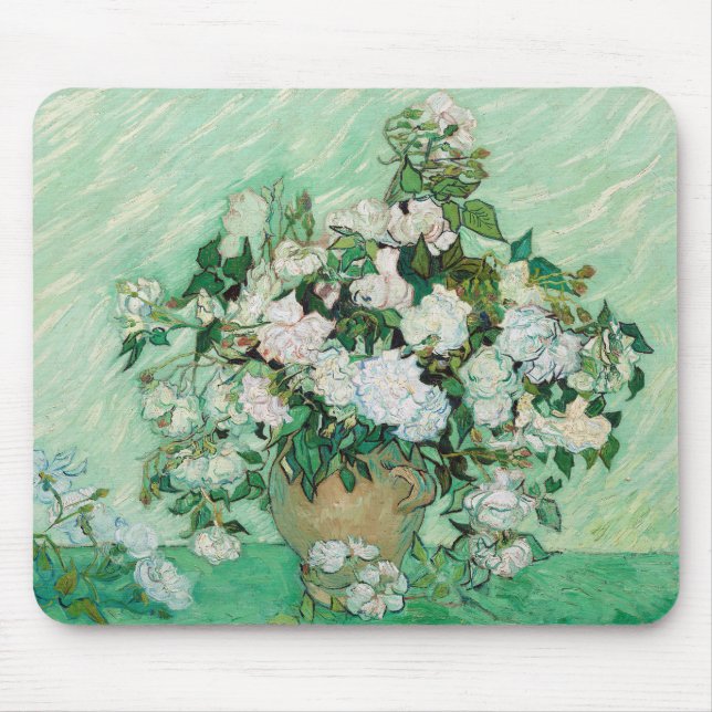 Van Gogh Vase with Pink Roses Floral Painting Mouse Pad (Front)
