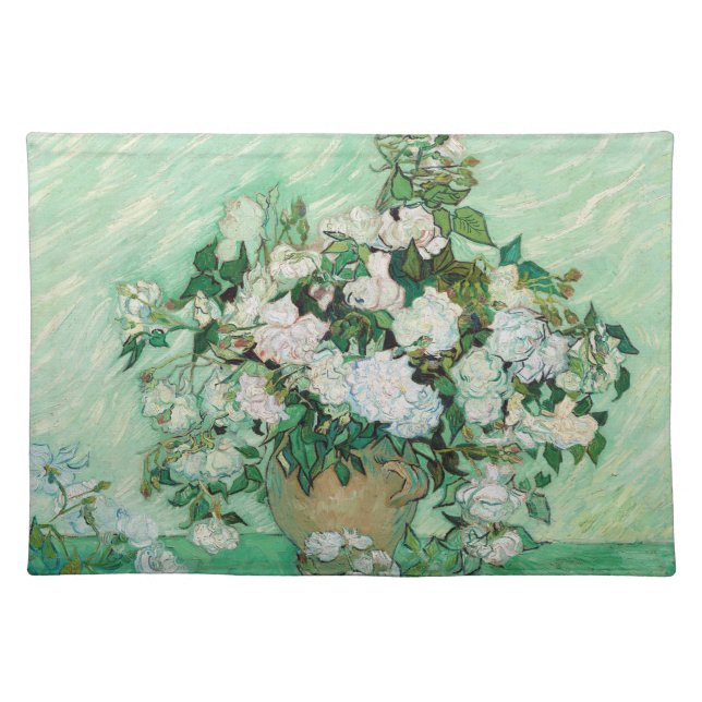 Van Gogh Vase with Pink Roses Flowers Painting Cloth Placemat (Front)