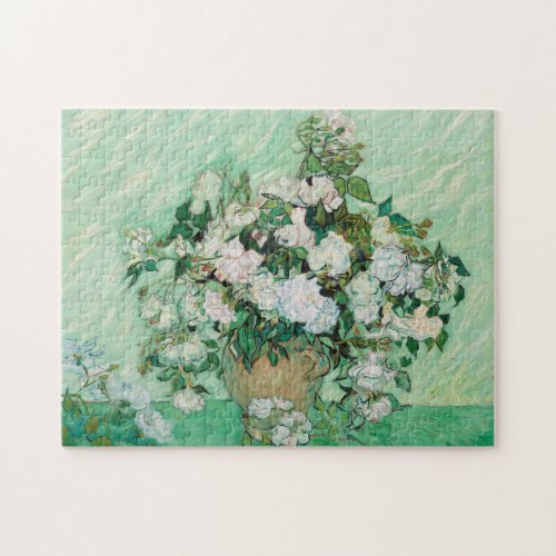 Van Gogh Vase with Pink Roses Flowers Painting Jigsaw Puzzle