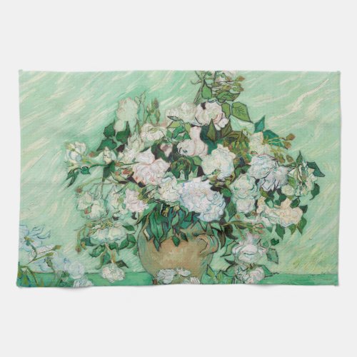 Van Gogh Vase with Pink Roses Flowers Painting Kitchen Towel