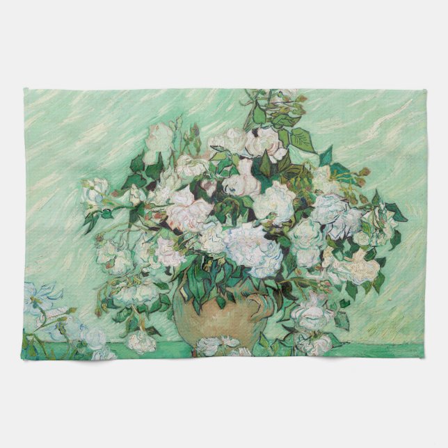 Van Gogh Vase with Pink Roses Flowers Painting Kitchen Towel (Horizontal)