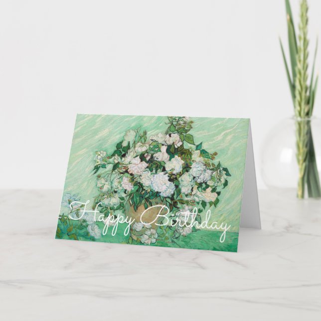 Van Gogh Vase with Pink Roses Painting Birthday Card (Front)