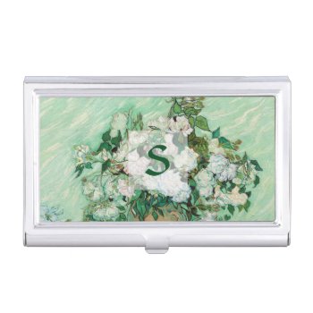 Van Gogh Vase With Pink Roses Vintage Art Monogram Case For Business Cards by Then_Is_Now at Zazzle