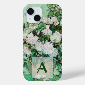Van Gogh Vase With Pink Roses Vintage Art Monogram Iphone 15 Case by Then_Is_Now at Zazzle