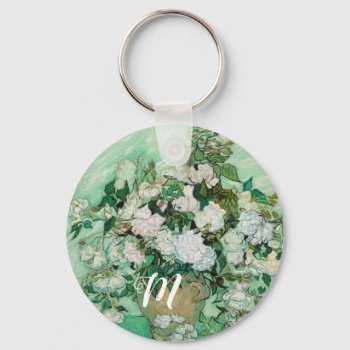 Van Gogh Vase With Pink Roses Vintage Art Monogram Keychain by Then_Is_Now at Zazzle