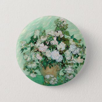 Van Gogh Vase With Pink Roses Vintage Floral Art Pinback Button by Then_Is_Now at Zazzle
