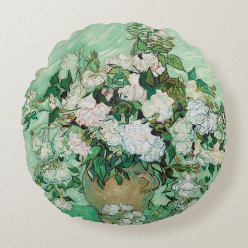 Van Gogh Vase with Pink Roses Vintage Floral Art Round Pillow