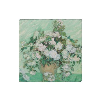 Van Gogh Vase With Pink Roses Vintage Floral Art Stone Magnet by Then_Is_Now at Zazzle