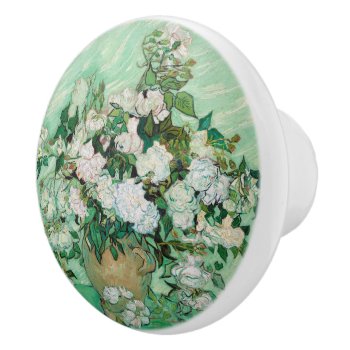 Van Gogh Vase With Pink Roses Vintage Flower Art Ceramic Knob by Then_Is_Now at Zazzle