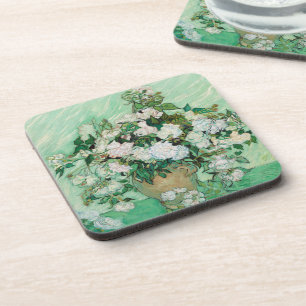 Van Gogh Vase with Pink Roses Vintage Flower Art Coaster