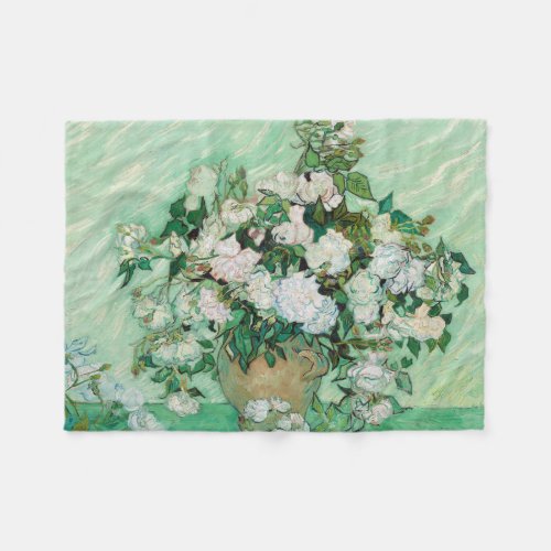 Van Gogh Vase with Pink Roses Vintage Flower Art Fleece Blanket