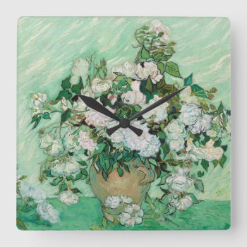 Van Gogh Vase With Pink Roses Vintage Flower Art Square Wall Clock by Then_Is_Now at Zazzle