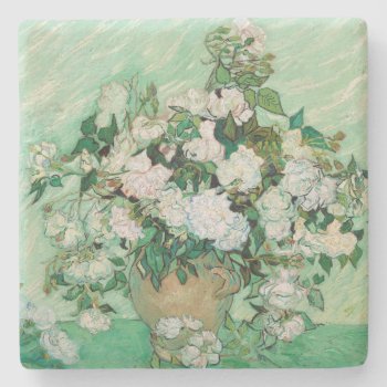 Van Gogh Vase With Pink Roses Vintage Flower Art Stone Coaster by Then_Is_Now at Zazzle
