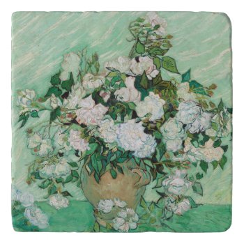 Van Gogh Vase With Pink Roses Vintage Flowers Art Trivet by Then_Is_Now at Zazzle