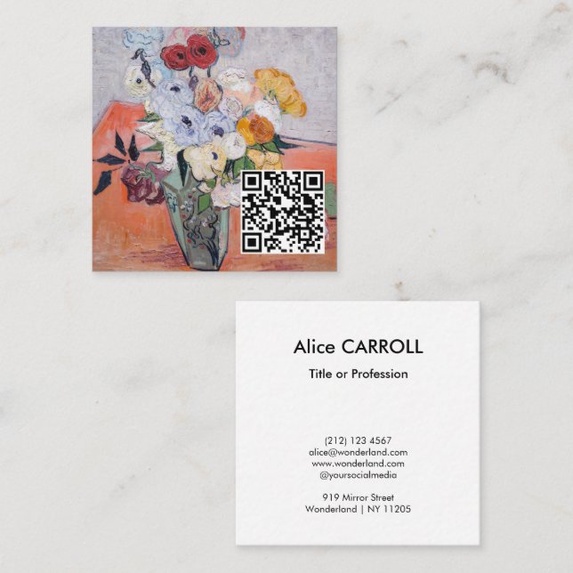 Van Gogh - Vase with Roses & Anemones - QR Code Square Business Card (Front/Back)