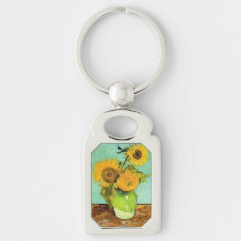 Van Gogh  Vase With Three Sunflowers Keychain by Virginia5050 at Zazzle