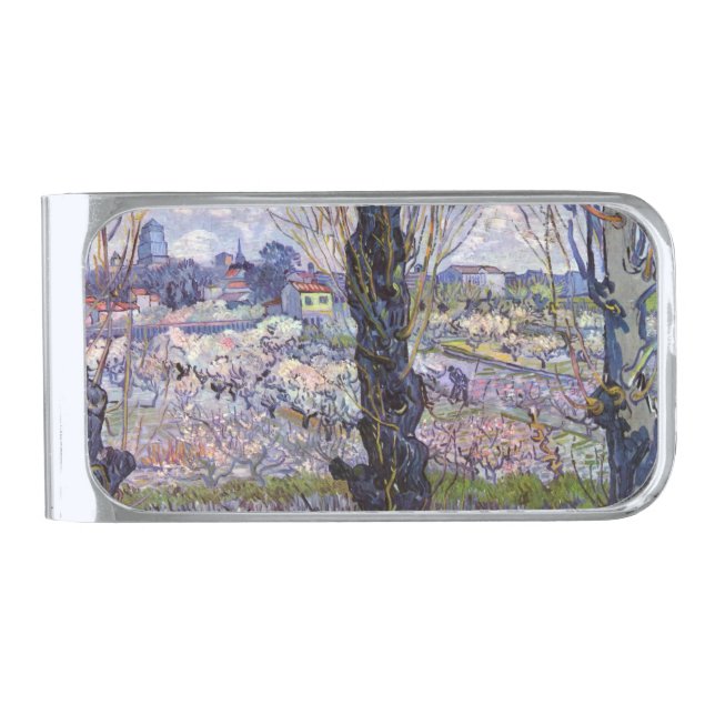 Van Gogh View Arles Flowering Garden Silver Finish Money Clip (Front)