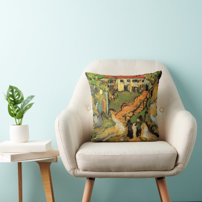 Van Gogh Village Street and Steps Auvers, Figures Throw Pillow (Chair)