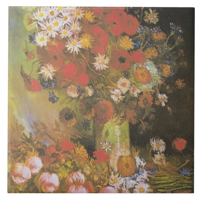 Van Gogh Vintage Peonies and Chrysanthemums Ceramic Tile (Front)