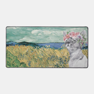 Van Gogh Wheat Field and Fancy Cat Desk Mat