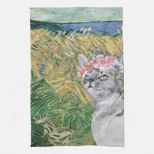 Van Gogh Wheat Field and Fancy Cat  Kitchen Towel (Vertical)
