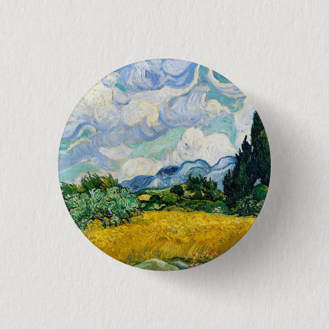 Van Gogh Wheat Field with Cypresses. Impressionism Button (Front)