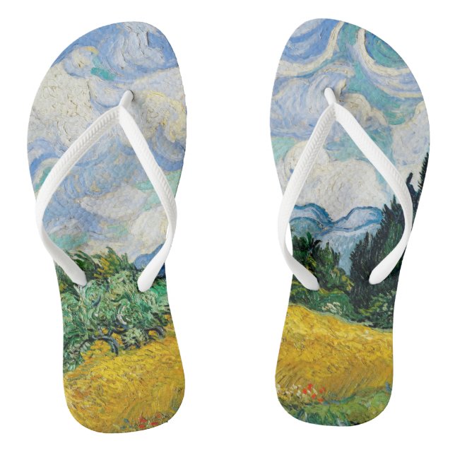 Van Gogh Wheat Field with Cypresses. Impressionism Flip Flops (Footbed)