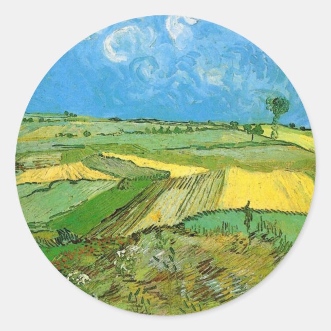 Van Gogh Wheat Fields at Auvers Under Clouded Sky Classic Round Sticker (Front)