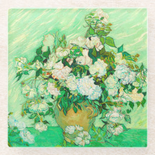 Van Gogh White Roses Glass Coaster