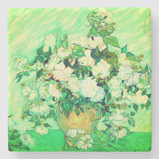 Van Gogh White Roses Stone Coaster (Front)