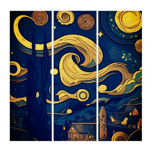 Van Gogh Wood Wall Art AI_Generated Starry Night  Triptych