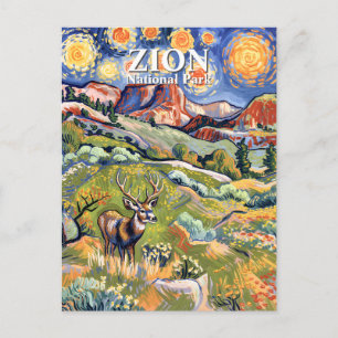 Van Gogh Zion Animal Deer Colorful Canyon Custom Postcard