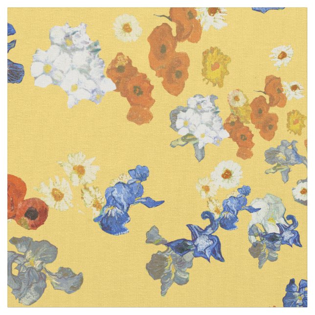 Van Gogh's Blue Iris Floral on Yellow Fabric (Close Up)