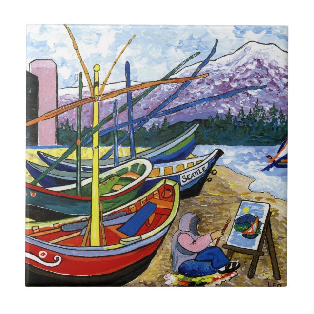 Van Gogh's Boats Ceramic Tile (Front)