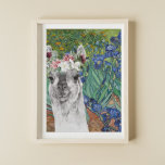 Van Gogh's Irises and Fancy Llama Poster<br><div class="desc">Beautiful and artistic compilation features Vincent Van Gogh's Irises fine art painting as a backdrop to an adorable watercolor llama with a fancy crown of flowers.</div>