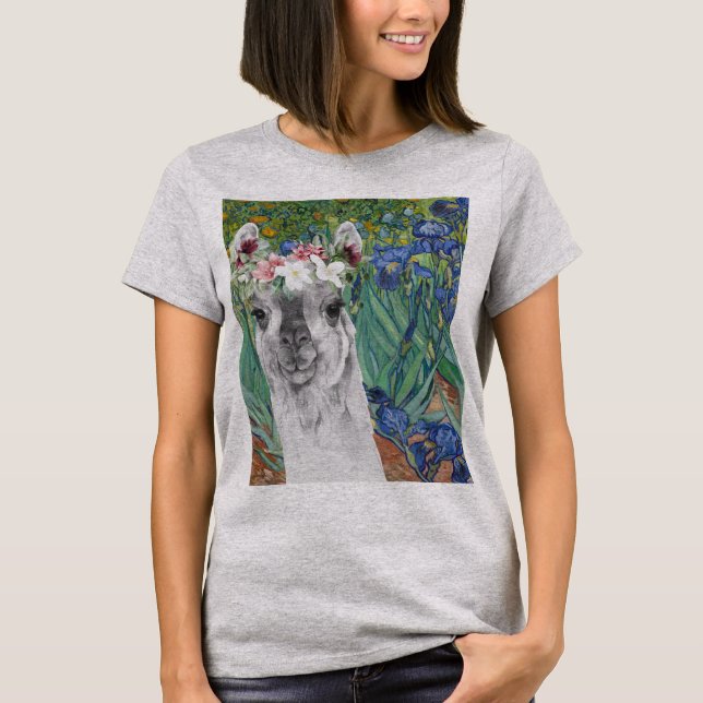 Van Gogh's Irises and Fancy Llama   T-Shirt (Front)