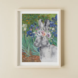 Van Gogh's Irises and Fancy Rabbit Poster