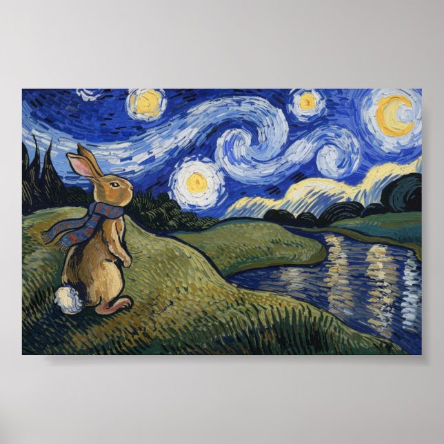 Van Gogh's Starry Night with Bunny  Poster (Front)